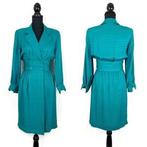 Vintage 80s Teal Silk Dress Wide Wrap Waist Shoulder Pads